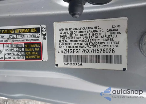 2007 Honda Civic Lx z USA, uszkodzony, nr VIN 2HGFG126X7H526026